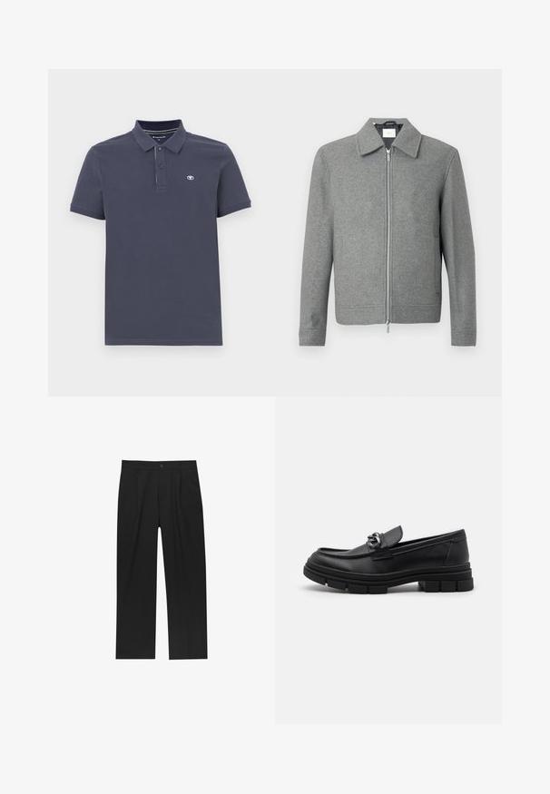 Grå långärmad ulljacka med silverfärgad dragkedja framtill och klassisk krage, uppställd mot en vit bakgrund.; Marinblå polo skjorta i bomullsblandning med tvåknappsstängning, korta ärmar och en liten broderad logotyp på vänster bröst.; Svarta byxor med rak ben-design, tillverkade av ett jämnt tyg. Har framfickor och en enkel knapplåsning i midjan.; Svart läderloafersko med rund tå, en dekorativ rem och hårdvara, samt en chunky texturerad sula. Slät finish med subtila detaljer.