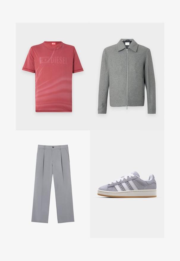Šedý vlnený kabát s dlouhým rukávem a stříbrným zipem vpředu, s klasickým límcem, vystavený na bílém pozadí.; Červené tričko s krátkým rukávem vyrobené z hladkého materiálu, které na přední straně obsahuje jemně embosované logo "DIESEL". Kulatý výstřih a šité lemy.; Šedé skládací kalhoty s volným střihem, vyrobené z lehkého materiálu. Obsahují přední kapsy a knoflíkovou uzávěrku v pase.; Šedé semišové tenisky s bílými pruhy, kulatou špičkou a gumovou podrážkou. Obsahují perforace po stranách a texturovaný zadní popruh.