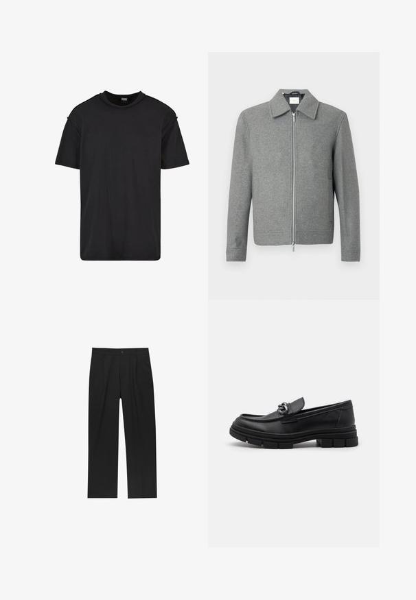 Šedý vlnený kabát s dlouhým rukávem a stříbrným zipem vpředu, s klasickým límcem, vystavený na bílém pozadí.; Černé triko s krátkým rukávem vyrobené z bavlny, s kulatým výstřihem, uvolněným střihem a minimálními švy na ramenou.; Černé kalhoty s rovnými nohavicemi, vyrobené z hladké tkaniny. Mají přední záhyby a jedno knoflíkové zapínání v pase.; Černé kožené mokasíny s kulatou špičkou, dekoračním páskem a kovovými prvky, a masivní texturovanou podrážkou. Hladký povrch s jemnými detaily.
