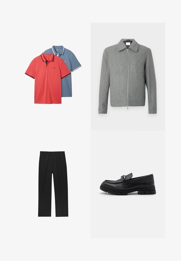 Grå langærmet uldjakke med sølvfarvet lynlås foran og klassisk krave, præsenteret på en hvid baggrund.; To polo-shirts: en koralfarvet med mørke detaljer og en lys blå med hvide accenter. Begge har kortærmer og en klassisk krave.; Sorte bukser med lige ben, lavet af et glat stof. Har frontfolder og en enkelt knaplukning i taljen.; Sort læderloafer med rund tå, en dekorativ rem og hardware, samt en chunky tekstureret sål. Glat finish med subtile detaljer.