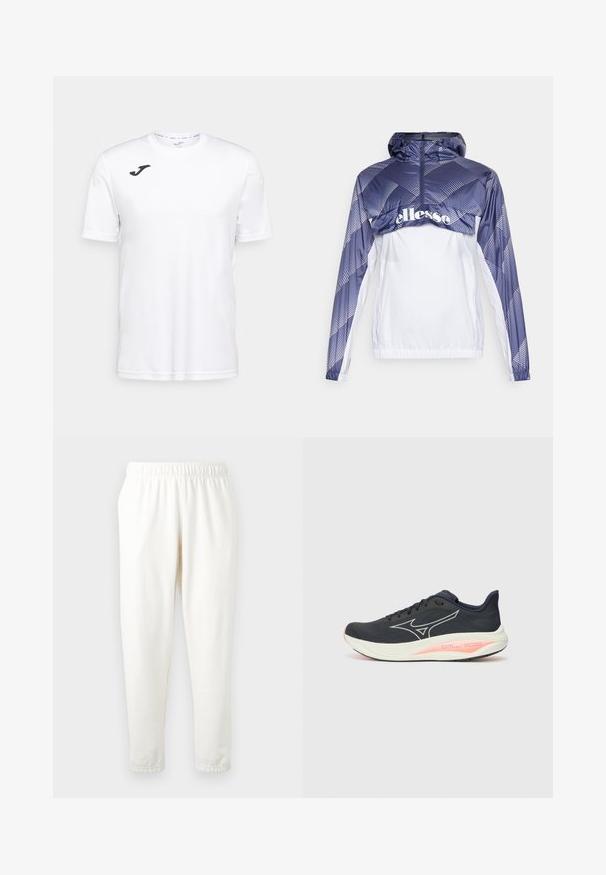 Modra in bela vetrovka s kapuco, ki vsebuje geometrijske vzorce in sprednji zadrgo. Vključuje elastičen rob in manšete.; Bela kratka športna majica z gladko tkanino, ki ima črn logotip na levem prsnem delu in okroglo izrez. ; Elastični pas krema barve hlače za prosti čas s zoženimi nogami, izdelane iz mehkega materiala. Imajo gladko teksturo in brez vidnih vzorcev ali dodatkov.; Črne tekaške čevlje z gladkim tekstilnim zgornjim delom, ki imajo bel logo, roza detajle na podplat, in zaobljen obliko prstov.