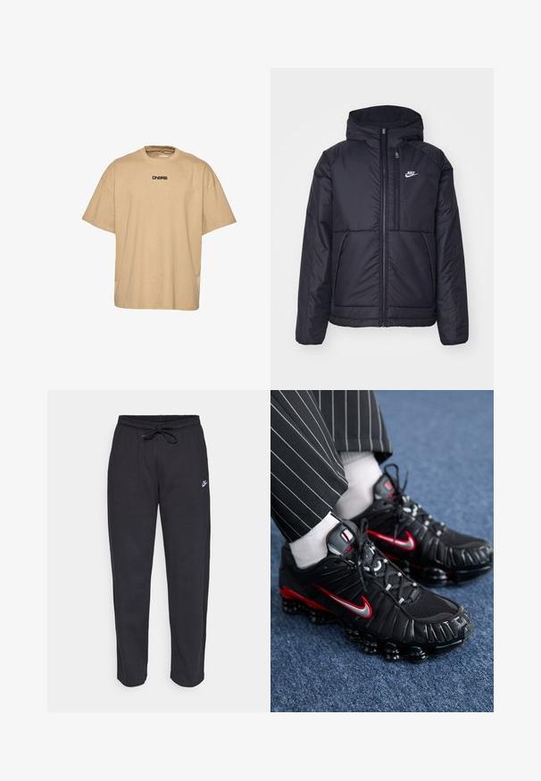 Must musta Nike jope, millel on ees lukuga avamine ja kapuuts. Vasakpoolne rind on kaunistatud valge logoga ning ees on kaks taskut. Sile välimine tekstuur.; Mustra mustar must räätsine ilmu esikott ja diskreetne logo tikand rinnal, esitletud heledal tasapinnal.; Beige puuvillane T-särk, millel on lahtine lõike, ümmargune kaelus ja lühikesed varrukad. Ees on must logo trükitud.; Mustad mustad, pehmest kangast, elastse vöökoha, nööriga ja väikese Nike logo'ga vasakul reiel.; Mustad mustree jalatsid punaste ja hõbedaste detailidega, võrkmaterjalist ja tekstuursete sünteetiliste materjalidega, nööridega disain ja nähtav pehmendus talla.
