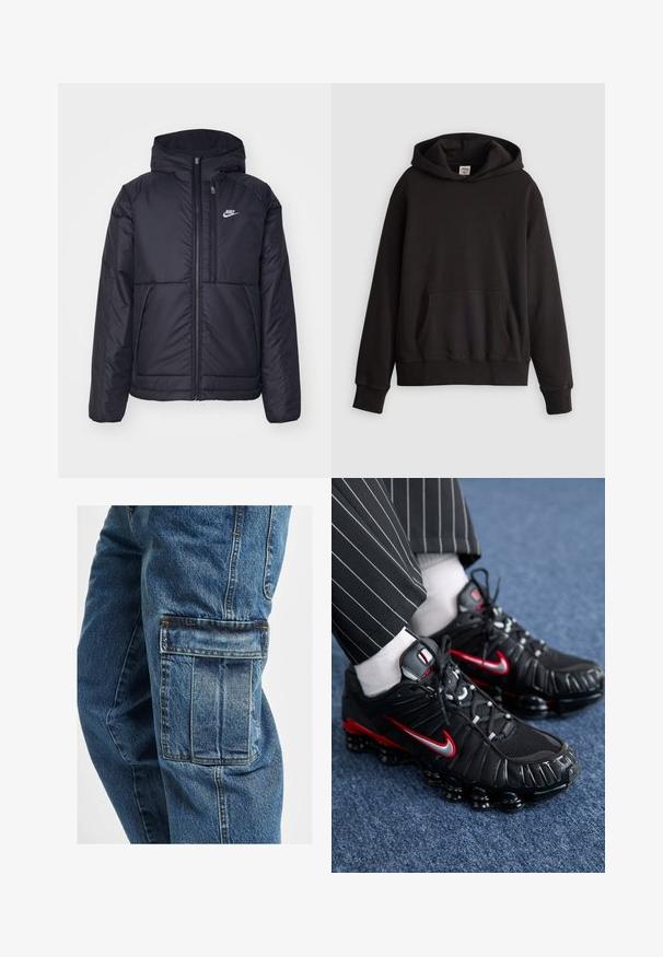 Must musta Nike jope, millel on ees lukuga avamine ja kapuuts. Vasakpoolne rind on kaunistatud valge logoga ning ees on kaks taskut. Sile välimine tekstuur.; Mustra mustar must räätsine ilmu esikott ja diskreetne logo tikand rinnal, esitletud heledal tasapinnal.; Denim cargo püksid, mis on loodud lõdva istuvusega, sügavate küljetaskutega, pleekinud sinise värviga, tugevate õmblustega ja kergelt tekstuuriga kangaga.; Mustad mustree jalatsid punaste ja hõbedaste detailidega, võrkmaterjalist ja tekstuursete sünteetiliste materjalidega, nööridega disain ja nähtav pehmendus talla.