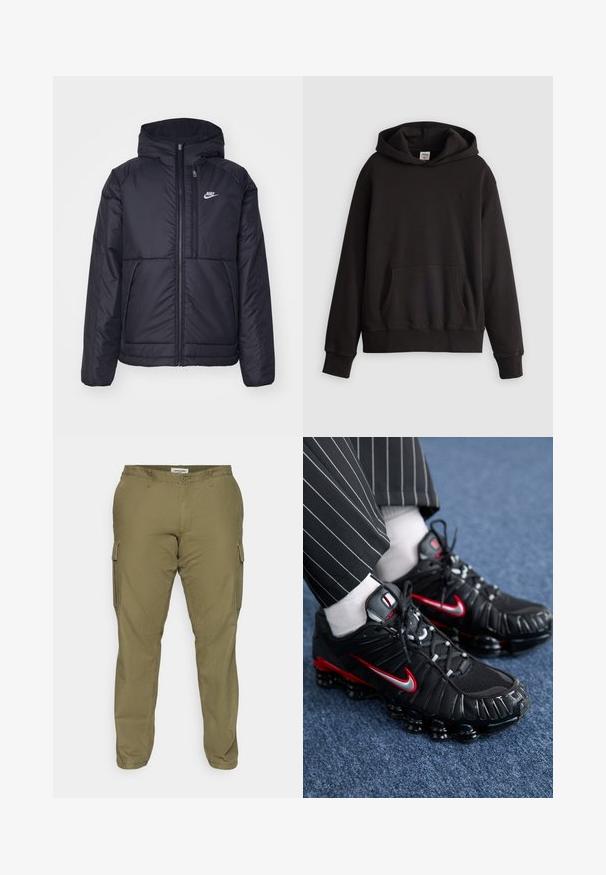 Musta, pehmustettu Nike-takki, jossa on etuvetoketju ja huppu. Vasemmassa rinnassa on valkoinen logo ja takissa on kaksinkertaiset etutaskut. Pintakoe on sileä.; Musta Levi's huppari, jossa on etupuolen kenguru-tasku ja hillityllä tavalla rintamukseen brodattu logo, esillä vaaleaa taustaa vasten.; Vihreät oliivinväriset cargo-housut, jotka on valmistettu puuvillasekoitekankaasta. Niissä on sivutaskut, vyölenkit ja suora lahkeiden muoto. Tasainen pinta.; Mustat urheilukengät, joissa on punaisia ja hopeisia yksityiskohtia, verkkomateriaalia ja teksturoitua synteettistä materiaalia, nauhaketju ja näkyvä pehmustettu pohja.