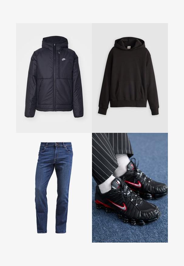 Crna Nike jakna s podstavom, dugmadi sprijeda i kapuljačom. Ima bijeli logotip na lijevoj strani prsnog koša i dva prednja džepa. Glatka vanjska tekstura.; Crna Levi's dukserica s prednjim kengurskim džepom i suptilnim logom izvezenim na prsima, prikazana na jednostavnoj svijetloj pozadini.; Tamno plave traperice s ravnim krojem, koje imaju pet džepova, dugme za zatvaranje i suptilno izbjeljivanje na bedrima.; Crne atletske cipele s crvenim i srebrnim detaljima, mrežastim i teksturiranim sintetičkim materijalima, vezni dizajn i vidljiva podstava.