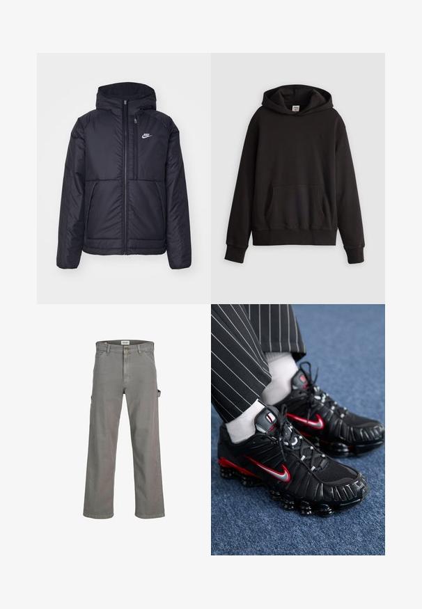 Crna Nike jakna s podstavom, dugmadi sprijeda i kapuljačom. Ima bijeli logotip na lijevoj strani prsnog koša i dva prednja džepa. Glatka vanjska tekstura.; Crna Levi's dukserica s prednjim kengurskim džepom i suptilnim logom izvezenim na prsima, prikazana na jednostavnoj svijetloj pozadini.; Sive hlače od pamuka. Imaju opušteni kroj, više džepova i zatvaranje na munje s gumbom. Ravne nogavice.; Crne atletske cipele s crvenim i srebrnim detaljima, mrežastim i teksturiranim sintetičkim materijalima, vezni dizajn i vidljiva podstava.