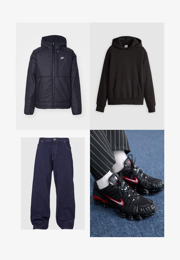 Juodas, paminkštintas Nike džemperis su priekyje užtrauktuku ir gobtuvu. Pasižymi balta logo kairėje krūtinės pusėje ir dviem priekinėmis kišenėmis. Su lygiu išoriniu paviršiumi.; Juodas Levi's džemperis su kišene priekyje ir subtiliu logotipu išsiuvinėtu ant krūtinės, pateiktas prieš paprastą šviesią fono.; Tamsiai mėlynos džinsinės kelnės su laisvu siluetu, turinčios mygtukinį uždarymą, penkis kišenes ir kontrastingus siūlus palei siūles.; Juodi sportiniai bateliai su raudonais ir sidabriniais akcentais, tinkline ir tekstūruota sintetine medžiaga, raišteliais rišama konstrukcija ir matoma amortizuojanti padanga.