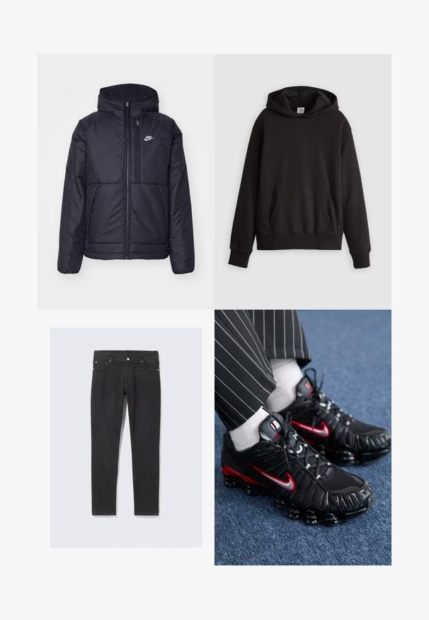 Melna, pufota Nike jaka ar priekšējo rāvējslēdzēju un kapuci. Iezīmēta ar baltu logotipu uz kreisās krūtis un divām priekšējām kabatām. Gluda ārējā tekstūra.; Melnas Levi's kapuces džemperis ar priekšējo kangaroo kabatu un smalku logo izšuvumu uz krūtīm, attēlots uz vienkārša gaiša fona.; Melnas džinsu bikses ar šauru piegriezumu, ar priekšējām kabatām, pogu jostu un smalkiem šuvju elementiem sānu šuvēs.; Melnas sporta kurpes ar sarkaniem un sudraba akcentiem, ar acu sietu un teksturētu sintētisko materiālu, ar auklu dizainu un redzamu amortizācijas zoli.