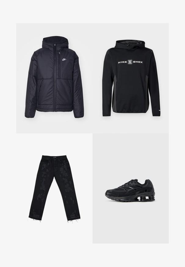 Must musta Nike jope, millel on ees lukuga avamine ja kapuuts. Vasakpoolne rind on kaunistatud valge logoga ning ees on kaks taskut. Sile välimine tekstuur.; Must Nike Shoxi kapuutsiga pusa halli logoga esiküljel, millel on paelaga kapuuts ja pika varrukaga. Sile tekstuur, sportlik istuvus.; Mustad teksad mustast denimist, millel on kulumise jäljed, lõdva istuvusega, rebendiga hem ja tavaline viie-tasku disain. Kangas näeb välja vastupidav ja tekstureeritud.; Must sportlik kinga võrgust pealsega, polsterdatud kaelusega ja silmapaistva polsterdatusega kandis. Omab struktuurseid detaile ja paelu.