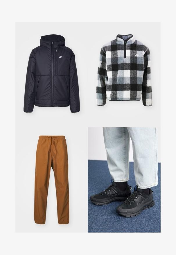 Fekete, párnázott Nike dzseki elülső cipzárral és kapucnival. A bal mellen fehér logó található, valamint két elülső zseb. Simának tűnő külső felület.; Fleece pulóver fél cipzárral, fekete, fehér és szürke kockás mintázattal, texturált felülettel és kis logóval a mellrészén.; Barna, könnyű, zsinórral állítható nadrág, rugalmas derékkal, két oldalsó zsebbel és sima felülettel.; Fekete sportcipők texturált anyaggal és gumitalppal, elasztikus fűzőkkel és kék kiegészítővel a saroknál. Világos farmernadrággal viselve.