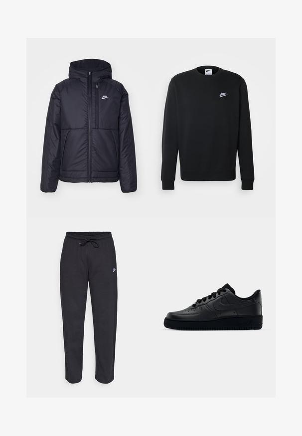 Svart, polstret Nike-jakke med frontglidelås og hette. Har en hvit logo på venstre bryst og doble frontlommer. Glatt ytterside.; Sort sweatshirt laget av mykt stoff, med rund hals, lange ermer, ribbestrikkede mansjetter og en liten hvit Nike-logo på brystet.; Sorte sweatpants laget av mykt stoff med elastisk midjebånd, snøring og en liten Nike-logo på venstre lår.; Svart Nike Air Force 1-sneaker med en glatt skinnoverdel, perforert tå for pusteevne, svarte snørebånd og en teksturert gummisåle.
