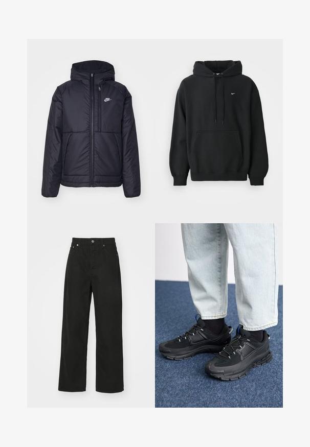 Jachetă Nike neagră, căptușită, cu fermoar pe față și glugă. Prezintă un logo alb pe pieptul stâng și două buzunare frontale. Textură exterioară netedă.; Hanorac negru Nike cu buzunar frontal, glugă cu șnur, manșete cu nervuri și un mic logo alb Nike swoosh pe piept.; Pantaloni din denim negru cu un design drept, având cinci buzunare, închidere cu nasture și un brâu clasic. Textură netedă.; Pantofi sport negri, cu țesătură texturată și tălpi din cauciuc, având șireturi elastice și un accent albastru pe toc. Purtați cu pantaloni din denim deschis.