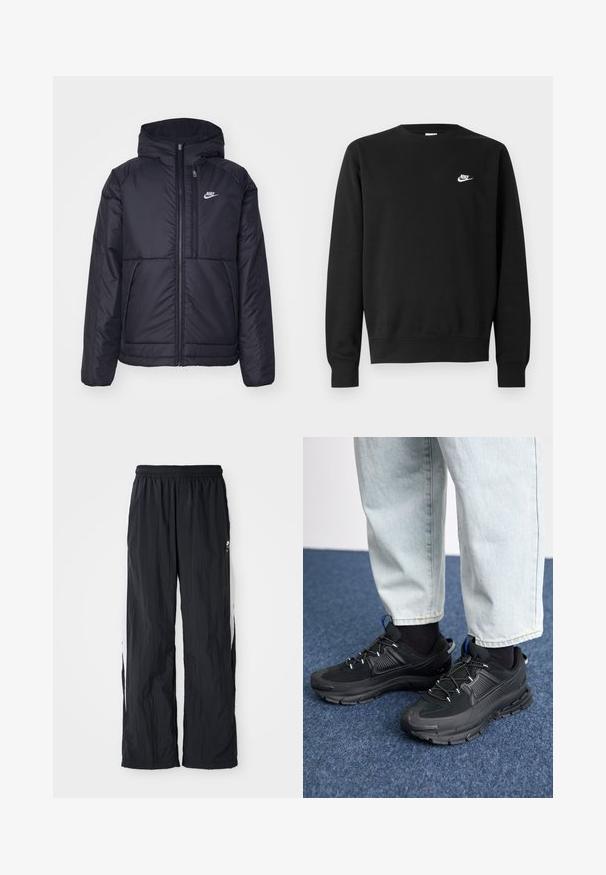 Svart, polstret Nike-jakke med frontglidelås og hette. Har en hvit logo på venstre bryst og doble frontlommer. Glatt ytterside.; Svart genser i bomull med rund hals, lange ermer og en liten hvit Nike-logo øverst til venstre på brystet.; Sorte nylon treningsbukser med elastisk liv, med hvite sidestykker og en subtil logodetalj på fronten.; Svarte sportssko med teksturert stoff og gummisåler, med elastiske lisser og en blå detalj på hælen. Brukt med lyse denimbukser.