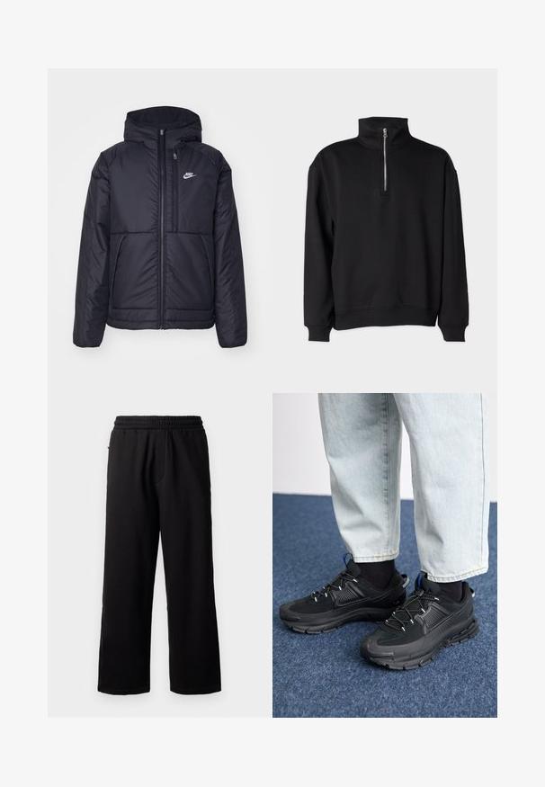 Schwarze, gepolsterte Nike-Jacke mit Frontreißverschluss und Kapuze. Hat ein weißes Logo auf der linken Brust und zwei Fronttaschen. Glattes äußeres Material.; Schwarzer Pullover mit hohem Kragen, ausgestattet mit einem Halbreißverschluss, langen Ärmeln und gerippten Bündchen sowie Saum. Weicher Stoffeindruck.; Schwarze Jogginghose mit elastischem Bund, entspannter Passform, geraden Beinen und ohne sichtbare Muster oder Hardware. Weiche Textur, lässiges Design.; Schwarze Sportschuhe aus strukturiertem Stoff mit Gummisohlen, ausgestattet mit elastischen Schnürsenkeln und einem blauen Akzent an der Ferse. Getragen mit hellen Jeans.