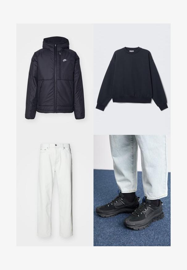 Black, padded Nike jacket with a front zipper and hood. Features a white logo on the left chest and dual front pockets. Smooth exterior texture.; Dark navy sweatshirt made of cotton blend, featuring a round neckline, drop shoulders, ribbed cuffs, and elasticized hem. Minimalist design.; White denim jeans with a straight cut, five-pocket design, button closure, and subtle stitching details. Smooth texture and minimalistic style.; Black athletic shoes with textured fabric and rubber soles, featuring elastic laces and a blue accent on the heel. Worn with light denim pants.