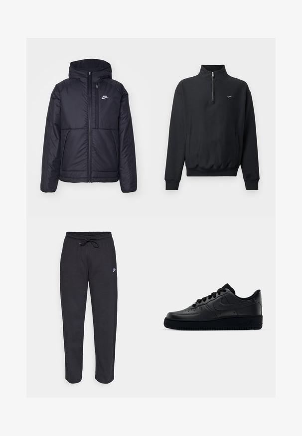 Svart, polstret Nike-jakke med frontglidelås og hette. Har en hvit logo på venstre bryst og doble frontlommer. Glatt ytterside.; Svart hettegenser med høy glidelås krage, lange ermer, sidelommer og elastisk midje. Har en liten hvit Nike-logo på brystet.; Sorte sweatpants laget av mykt stoff med elastisk midjebånd, snøring og en liten Nike-logo på venstre lår.; Svart Nike Air Force 1-sneaker med en glatt skinnoverdel, perforert tå for pusteevne, svarte snørebånd og en teksturert gummisåle.