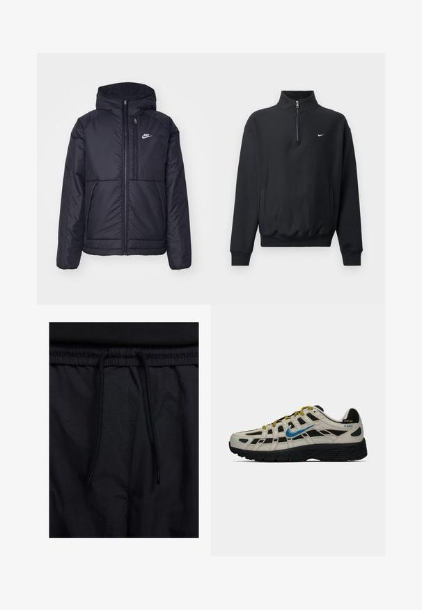 Juodas, paminkštintas Nike džemperis su priekyje užtrauktuku ir gobtuvu. Pasižymi balta logo kairėje krūtinės pusėje ir dviem priekinėmis kišenėmis. Su lygiu išoriniu paviršiumi.; Juodas džemperis su aukštu užtrauktuku, ilgomis rankovėmis, šoninėmis kišenėmis ir elastinga juosmeniu. Yra mažas baltas Nike logotipas krūtinėje.; Juodos šortai su raišteliu juosmens srityje, lengva medžiaga su lygiu paviršiumi ir paprastas dizainas be matomų logotipų ar raštų.; Bežiniai ir juodi Nike P-6000 sportbačiai su mėlynu swoosh, geltonomis raištelėmis, juodu padu ir Cordura audinio etikete ant kulno.