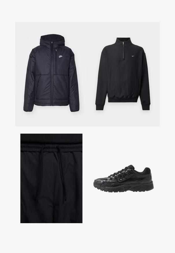 Casaco Nike preto, acolchoado, com fecho à frente e capuz. Apresenta um logo branco no lado esquerdo do peito e dois bolsos frontais. Textura exterior lisa.; Sweatshirt preto com colarinho alto de fecho éclair, mangas longas, bolsos laterais e cintura elástica. Apresenta um pequeno logo branco da Nike no peito.; Calções pretos com um cós elástico ajustável, fabricados em tecido leve com uma textura suave e um design simples, sem logótipos ou padrões visíveis.; Sapatilha atlética preta com parte superior em malha e sintético, superfície texturizada, design com atacadores e sola de borracha padronizada para melhor tração.