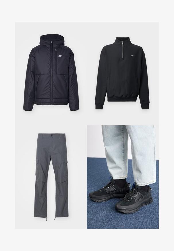 Svart, vadderad Nike-jacka med dragkedja framtill och huva. Har en vit logotyp på vänster bröst och dubbla framfickor. Slät yttextur.; Svart sweatshirt med hög dragkedjekrage, långa ärmar, sidofickor och elastisk midja. Har en liten vit Nike-logga på bröstet.; Grå cargo-byxor med rak passform, flera fickor, knäppning och justerbara muddar vid fållen. Tillverkade av slitstark, lättviktsmaterial.; Svarta sportskor med texturerat tyg och gummisulor, med elastiska snörningar och en blå detalj på hälen. Bärs med ljusa jeans.