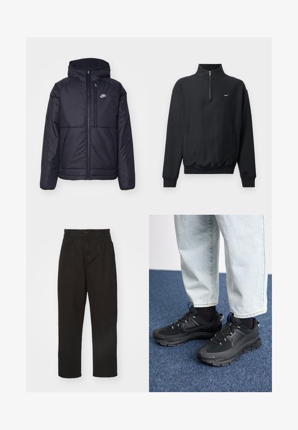 Svart, polstret Nike-jakke med frontglidelås og hette. Har en hvit logo på venstre bryst og doble frontlommer. Glatt ytterside.; Svart hettegenser med høy glidelås krage, lange ermer, sidelommer og elastisk midje. Har en liten hvit Nike-logo på brystet.; Sorte bukser laget av glatt stoff, med knappefeste, rett snitt og to frontfurer for ekstra detaljer.; Svarte sportssko med teksturert stoff og gummisåler, med elastiske lisser og en blå detalj på hælen. Brukt med lyse denimbukser.