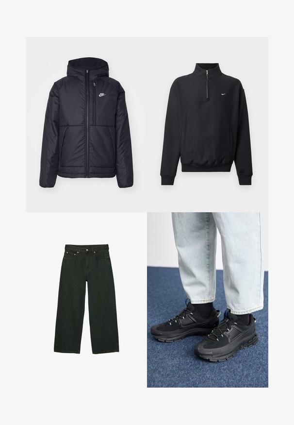Černá zateplená bunda Nike s předním zipem a kapucí. Na levé straně hrudi má bílé logo a dvojité přední kapsy. Hladký povrch.; Černá mikina se sperkovým límcem, dlouhými rukávy, bočními kapsami a elastickým pasem. Na hrudi je malý bílý logotyp Nike.; Tmavě zelené široké džíny vyrobené z denimu; mají přední knoflík a zip, pět kapes a jemné variace textury.; Černé sportovní boty s texturovanou tkaninou a gumovou podrážkou, s elastickými tkaničkami a modrým akcentem na patě. Nosí se s světlými džíny.