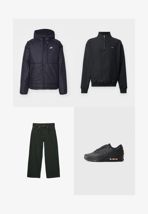 Jachetă Nike neagră, căptușită, cu fermoar pe față și glugă. Prezintă un logo alb pe pieptul stâng și două buzunare frontale. Textură exterioară netedă.; Hanorac negru cu un guler înalt cu fermoar, mâneci lungi, buzunare laterale și talie elastică. Prezintă un mic logo alb Nike pe piept.; Jeans largi de culoare verde închis din denim; au un nasture și un fermoar în față, cinci buzunare și variații subtile de textură.; Adidași Nike Air Max 90 cu un șef sintetic negru, finisaj texturat, sistem de închidere cu șireturi, unitate de aer vizibilă și logo accent portocalie.