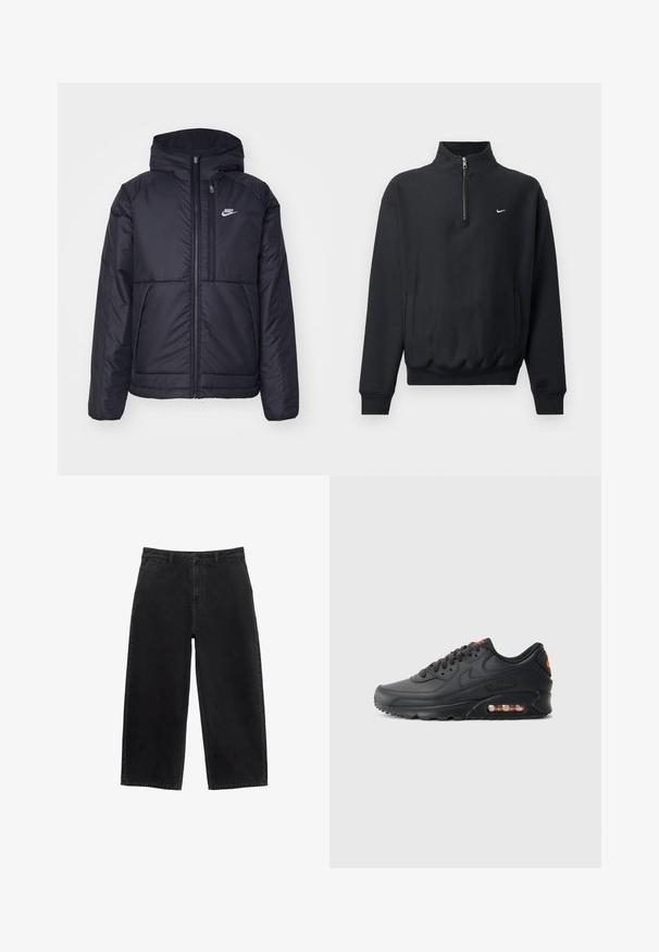 Crna Nike jakna s podstavom, dugmadi sprijeda i kapuljačom. Ima bijeli logotip na lijevoj strani prsnog koša i dva prednja džepa. Glatka vanjska tekstura.; Crna dukserica s visokim zatvaračem, dugim rukavima, bočnim džepovima i elastičnom struknom trakom. Sadrži malo bijelo Nike logo na prsima.; Crne traperice širokih nogavica visokog struka, s prednjim zatvaranjem na gumb i standardnim džepovima. Glatka tekstura i čiste linije.; Nike Air Max 90 tenisice s crnim sintetičkim gornjim dijelom, teksturiranom završnom obradom, vezanjem sprijeda, vidljivom zračnom jedinicom i narančastim logotipom.
