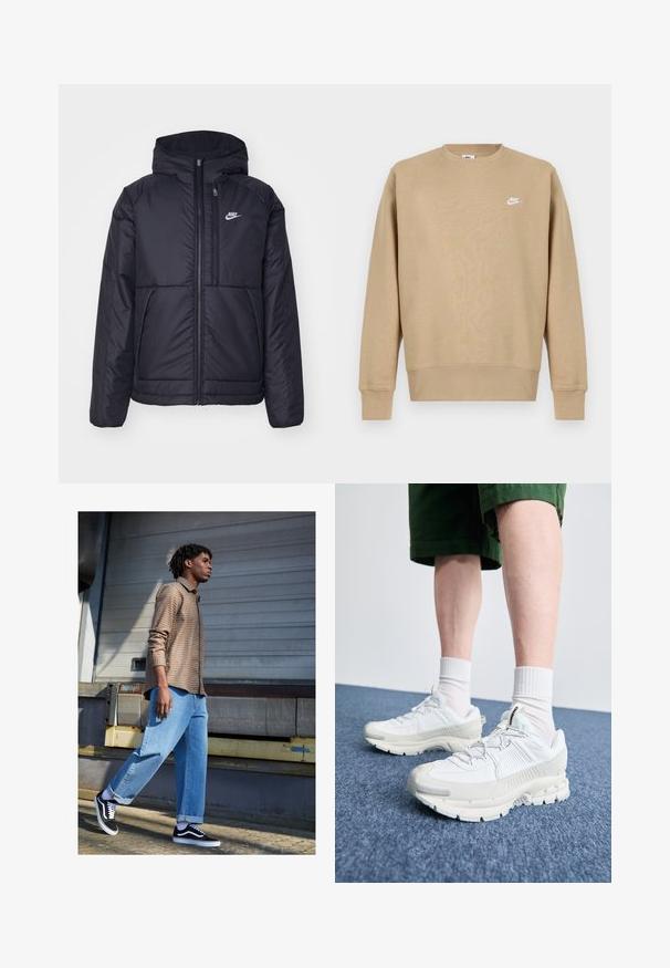 Melna, pufota Nike jaka ar priekšējo rāvējslēdzēju un kapuci. Iezīmēta ar baltu logotipu uz kreisās krūtis un divām priekšējām kabatām. Gluda ārējā tekstūra.; Gaiši brūns Nike sporta krekls ar apaļu kaklu, garām piedurknēm un balto logotipu uz krūtīm. Audums izskatās mīksts ar gludu tekstūru.; Brūna raibā krekla, gaiši zila brīva piegriezuma džinsi un melnas kedas. Iezīmes ietver sarullētas piedurknes un kontrastējošas baltas akcentus uz kedām.; Baltas sporta apavi ar teksturētām detaļām, masīvu zoli un pelēkiem akcentiem. Valkāti ar baltiem zeķu pēdu apģērbiem un zaļām šortiem uz zilas virsmas.