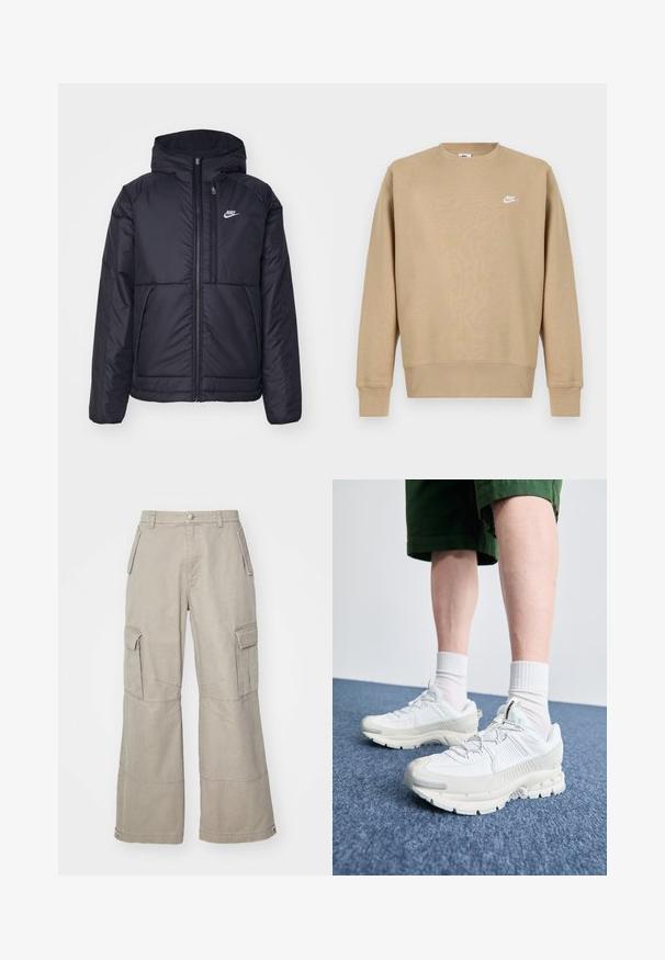 Melna, pufota Nike jaka ar priekšējo rāvējslēdzēju un kapuci. Iezīmēta ar baltu logotipu uz kreisās krūtis un divām priekšējām kabatām. Gluda ārējā tekstūra.; Gaiši brūns Nike sporta krekls ar apaļu kaklu, garām piedurknēm un balto logotipu uz krūtīm. Audums izskatās mīksts ar gludu tekstūru.; Kaki kravas bikses, izgatavotas no kokvilnas maisījuma, ar plašām kājām, vairākām sānu kabatām un smalkiem šuvju akcentiem.; Baltas sporta apavi ar teksturētām detaļām, masīvu zoli un pelēkiem akcentiem. Valkāti ar baltiem zeķu pēdu apģērbiem un zaļām šortiem uz zilas virsmas.