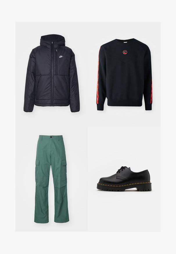 Svart, polstret Nike-jakke med frontglidelås og hette. Har en hvit logo på venstre bryst og doble frontlommer. Glatt ytterside.; Marineblå hettegenser med en sekssidet rød Nike-logo på brystet. Har røde detaljer langs ermene og et teksturert, mykt stoff.; Cargo bukser i mørkegrøn, lavet af struktureret stof. Funktioner inkluderer sidelommer til cargo og en lige benlængde med knaplukning.; Svart lær snøresko med rund tå, teksturert gummisåle og gul søm rundt bunnen. Flat design og glatt overflate.