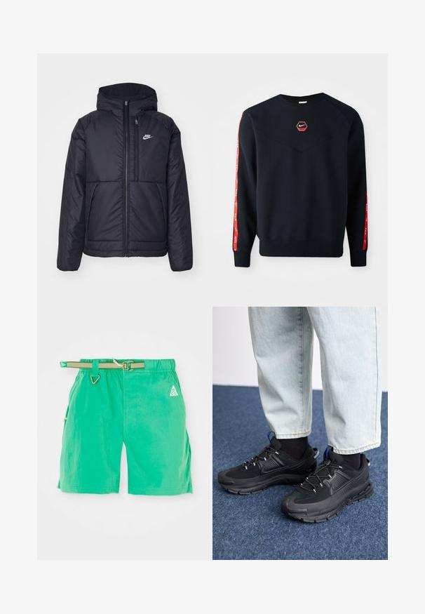 Črna, podložena Nike jakna z sprednjim zadrgo in kapuco. Ima bel logo na levem prsnem delu in dvojna sprednja žepa. Gladka zunanja tekstura.; Mornarska dukserica z hexagonalnim rdečim logotipom Nike na prsih. Ima rdeče detajle ob rokavih ter teksturirano, mehko blago.; Zelene kopalne hlače s teksturirano površino, ki vključujejo nastavljiv pas, stranske žepe in trikotno oznako na sprednji levi strani.; Črne športne čevlje z teksturirano tkanino in gumijastimi podplati, ki imajo elastične vezalke ter modre poudarke na peti. Nosi se z lahkimi denim hlačami.