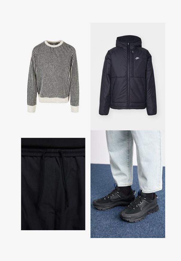 Giacca Nike nera, imbottita, con zip frontale e cappuccio. Presenta un logo bianco sul lato sinistro del petto e doppie tasche frontali. Texture esterna liscia.; Maglione a righe bianche e nere in maglia, con scollatura a girocollo, texture a coste e maniche lunghe. L'orlo inferiore e i polsini presentano dettagli bianchi solidi.; Shorts neri con vita regolabile tramite coulisse, tessuto leggero con una texture liscia e un design semplice senza loghi o motivi visibili.; Scarpe sportive nere con tessuto testurizzato e suole in gomma, dotate di lacci elastici e un accento blu sul tallone. Indossate con pantaloni in denim chiaro.