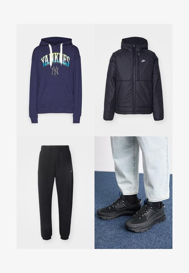 Svart, polstret Nike-jakke med frontglidelås og hette. Har en hvit logo på venstre bryst og doble frontlommer. Glatt ytterside.; Marineblå hettegenser med hvite snor, med "YANKEES" i gradientbokstaver og logo i midten, mykt stoff, frontlomme.; Sorte joggebukser laget av mykt materiale med elastisk midje, snor og smale mansjetter, med en diskret logo på siden.; Svarte sportssko med teksturert stoff og gummisåler, med elastiske lisser og en blå detalj på hælen. Brukt med lyse denimbukser.