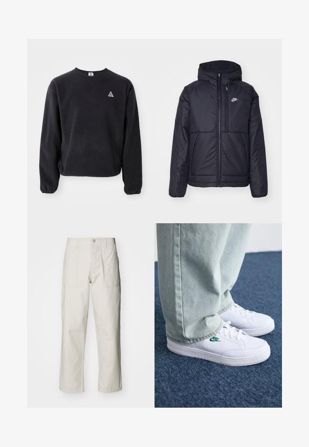 Črna, podložena Nike jakna z sprednjim zadrgo in kapuco. Ima bel logo na levem prsnem delu in dvojna sprednja žepa. Gladka zunanja tekstura.; Črn pulover z dolgimi rokavi, okroglo ovratnikom in elastičnimi manšetami. Vsebuje majhen bel trikotni logotip na levem prsnem delu. Mehka tekstura.; Svetlo bež široke hlače iz bombaža. Imajo sprednje žepe in gumbasto zapiranje. Gladka tekstura z subtilnimi navpičnimi črtami.; Bela usnjena športna obutev z zelenim Nike logotipom, okrogla konica, ravna podplat, v kombinaciji z svetlo modrimi kavbojkami, prikazana na modrem preprogu.