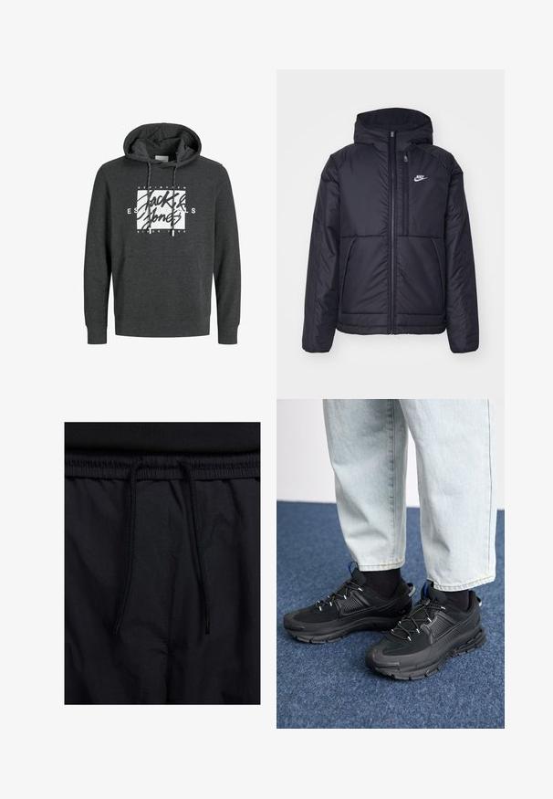 Svart, vadderad Nike-jacka med dragkedja framtill och huva. Har en vit logotyp på vänster bröst och dubbla framfickor. Slät yttextur.; Mörkgrå huvtröja gjord av mjukt material, med en framficka, dragsko i huooden och en stor vit grafisk logotyp på bröstet.; Svarta shorts med dragsko i midjan, lättviktig tyg med en slät yta och en enkel design utan synliga logotyper eller mönster.; Svarta sportskor med texturerat tyg och gummisulor, med elastiska snörningar och en blå detalj på hälen. Bärs med ljusa jeans.