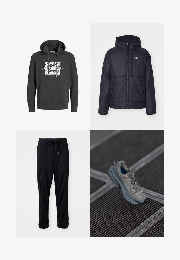 Juodas, paminkštintas Nike džemperis su priekyje užtrauktuku ir gobtuvu. Pasižymi balta logo kairėje krūtinės pusėje ir dviem priekinėmis kišenėmis. Su lygiu išoriniu paviršiumi.; Tamsiai pilkas džemperis, pagamintas iš minkštos medžiagos, su priekinėmis kišenėmis, su raišteliais ir dideliu baltu logotipu ant krūtinės.; Juodos laisvos kelnės su raišteliu liemens, šoninėmis kišenėmis ir tiesiu kirpimu ant vienodos fono.; Bežiniai ir pilki sportiniai bateliai su tekstūruotu tinkliniu viršumi, apvaliu pirštu ir guminiais padais, turi raištelius ir paminkštintą apykaklę.