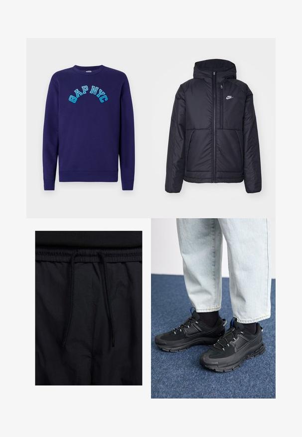 Casaco Nike preto, acolchoado, com fecho à frente e capuz. Apresenta um logo branco no lado esquerdo do peito e dois bolsos frontais. Textura exterior lisa.; Sweatshirt azul marinho em algodão, apresentando o texto "GAP NYC" em um estilo bordado de arco em azul claro na frente. Gola clássica arredondada.; Calções pretos com um cós elástico ajustável, fabricados em tecido leve com uma textura suave e um design simples, sem logótipos ou padrões visíveis.; Sapatilhas desportivas pretas com tecido texturizado e solas em borracha, apresentando atacadores elásticos e um detalhe azul no calcanhar. Usadas com calças de ganga claras.