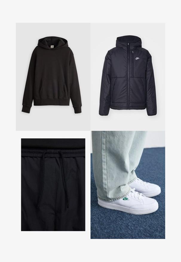 Black, padded Nike jacket with a front zipper and hood. Features a white logo on the left chest and dual front pockets. Smooth exterior texture.; Black Levi's hoodie with front kangaroo pocket and subtle logo embroidered on chest, displayed against a plain light background.; Black shorts featuring a drawstring waistband, lightweight fabric with a smooth texture, and a simple design without visible logos or patterns.; White leather sneakers with green Nike logo, round toe, flat sole, paired with light blue denim pants, shown on a blue carpet.