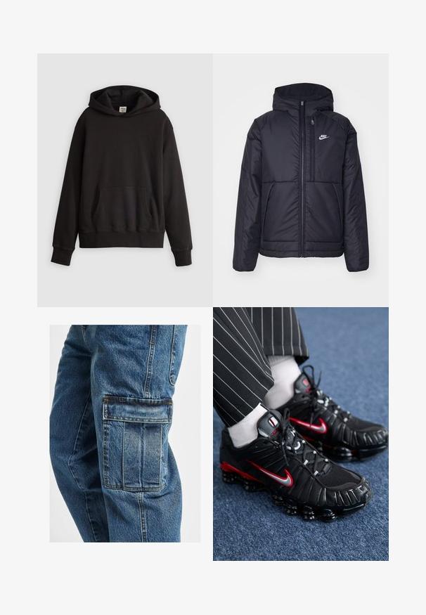 Čierna, polstrovaná bunda Nike so zipsom vpredu a kapucňou. Na ľavej strane hrude sa nachádza biele logo a sú tu dva predné vrecká. Hladký vonkajší povrch.; Čierna mikina Levi's so srdcovým vreckom vpredu a decentným logom vyšívaným na hrudi, vystavená na neutrálnej svetlej pozadí.; Džínové cargo nohavice s uvoľneným strihom, hlbokými bočnými vreckami, vybledlou modrou farbou, pevným Prešitím a mierne textúrovanou látkou.; Čierne športové topánky s červenými a striebornými akcentmi, sieťované a textúrované syntetické materiály, šnurovací dizajn a viditeľná pena v podrážke.