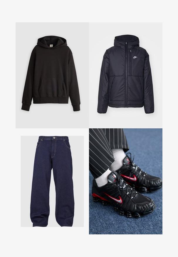Chaqueta acolchada negra de Nike con cremallera frontal y capucha. Presenta un logo blanco en el lado izquierdo del pecho y dos bolsillos frontales. Textura exterior suave.; Sudadera negra de Levi's con bolsillo canguro frontal y logo sutil bordado en el pecho, exhibida sobre un fondo liso claro.; Jeans de mezclilla azul oscuro con un corte relajado, con cierre de botón, cinco bolsillos y costuras de contraste a lo largo de las costuras.; Zapatillas deportivas negras con detalles en rojo y plata, materiales sintéticos de malla y texturizados, diseño de cordones y suela de amortiguación visible.