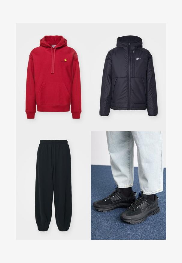 Sort, polstret Nike-jakke med frontlynlås og hætte. Har et hvidt logo på venstre bryst og to frontlommer. Glat ydre tekstur.; Carhartt WIP HOODED AMERICAN SCRIPT - Hættetrøje - tuscany; Sorte svedbukser med elastisk talje, løs pasform, afsluttede ankler, glat tekstur og uden synlige mønstre eller hardware-detaljer.; Sorte træningssko med tekstureret stof og gummisåler, udstyret med elastiske snørebånd og en blå detalje på hælen. Bæres med lyse denimbukser.