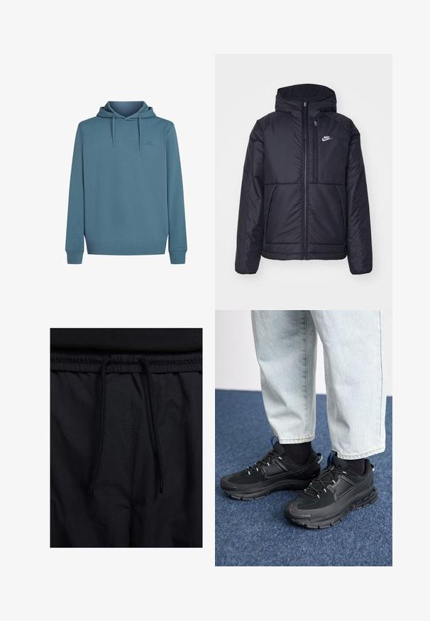 Zwarte, gewatteerde Nike-jas met een voorkant met ritssluiting en capuchon. Kenmerkt zich door een wit logo op de linkerborst en dubbele frontzakken. Gladde buitenkant.; Hoodie van zacht, gestructureerd blauw stof. Voorzien van trekkoorden, een voorkantzak en een klein logo op de borst.; Zwarte shorts met een drawstring tailleband, lichtgewicht stof met een zachte textuur en een eenvoudig ontwerp zonder zichtbare logo's of patronen.; Zwarte sportschoenen met gestructureerde stof en rubberen zolen, met elastische veters en een blauwe accent op de hiel. Draag samen met lichte spijkerbroeken.