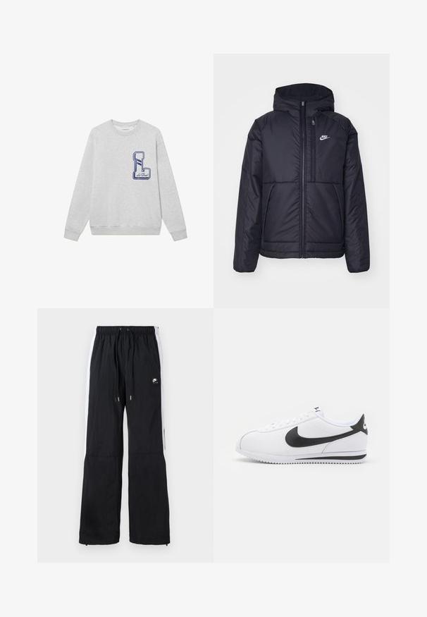 Giacca Nike nera, imbottita, con zip frontale e cappuccio. Presenta un logo bianco sul lato sinistro del petto e doppie tasche frontali. Texture esterna liscia.; Felpa grigia in cotone misto, con un grande logo ricamato blu navy a forma di "L" sul petto e polsini e orlo a costine.; Pantaloni sportivi neri con elastico in vita, strisce laterali bianche, polsini con zip e dettaglio con logo in gomma sulla parte anteriore.; Sneaker in pelle bianca con logo Nike nero, lacci piatti e suola in gomma testurizzata. Punta arrotondata e collare imbottito per il comfort.
