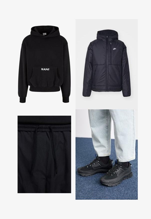 Čierna, polstrovaná bunda Nike so zipsom vpredu a kapucňou. Na ľavej strane hrude sa nachádza biele logo a sú tu dva predné vrecká. Hladký vonkajší povrch.; Čierna mikina s kapucňou vyrobená z kombinácie bavlny, s predným vreckom a bielym nápisom "KANI" na vrecku. Rúbkované lemy a manžety.; Čierne šortky s pásom na stiahnutie, z ľahkej látky s hladkou textúrou a jednoduchým dizajnom bez viditeľných log alebo vzorov.; Čierne športové topánky s textúrovanou tkaninou a gumovou podrážkou, so elastickými šnúrkami a modrým akcentom na päte. Nosia sa s svetlými riflami.