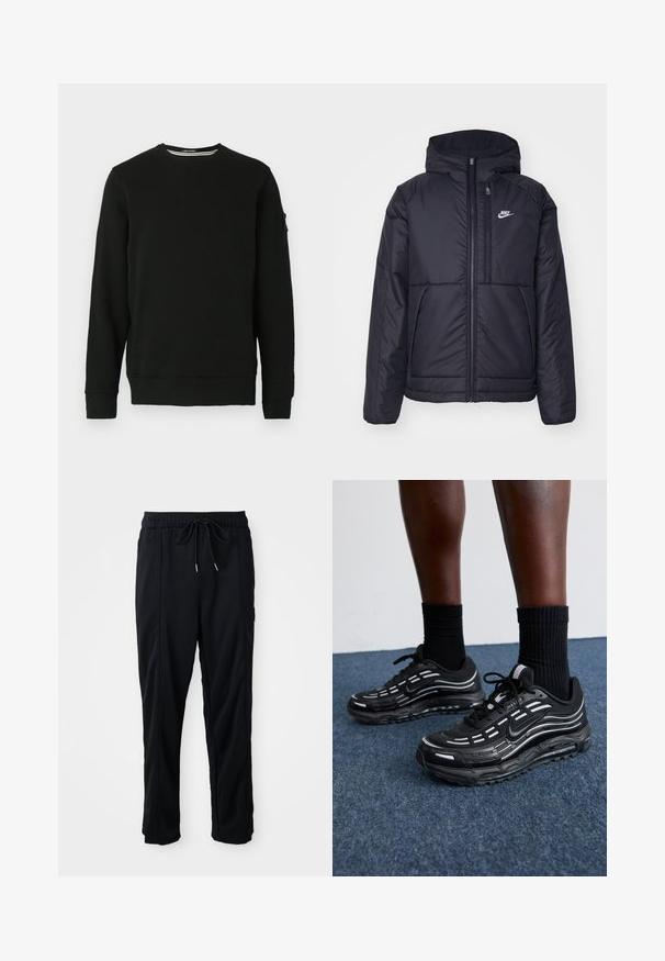 Čierna, polstrovaná bunda Nike so zipsom vpredu a kapucňou. Na ľavej strane hrude sa nachádza biele logo a sú tu dva predné vrecká. Hladký vonkajší povrch.; Čierna mikina s okrúhlym výstrihom a dlhými rukávmi, s rebrovanými manžetami a spodným lemom. Mäkká látka s etiketou na ľavom rukáve a minimálnym dizajnom.; Čierne voľné nohavice na gumičku v páse s bočnými vreckami a rovnými nohavicami na jednoduchom pozadí.; Čierne tenisky Nike majú sieťkový zvršok s akcentovými pruhmi, textúrovaným šnurovaním a čiernu gumovú podrážku. Nosené s čiernymi rebrovanými ponožkami.