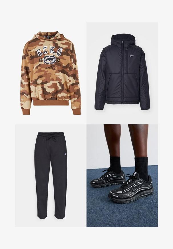 Crna Nike jakna s podstavom, dugmadi sprijeda i kapuljačom. Ima bijeli logotip na lijevoj strani prsnog koša i dva prednja džepa. Glatka vanjska tekstura.; Smeđi hooded dukserica s prednjim džepom, elastičnim manžetama i porubom. Sadrži bijeli grafički natpis "ECKŌ 1972" i dizajn logotipa. Mekana tekstura tkanine.; Crne trenirke od mekog materijala s elastičnom gumom u struku, kaptastom vezicom i malim Nike logom na lijevom butu.; Crne Nike tenisice imaju gornji dio od mrežaste tkanine s naglasnim prugama, teksturiranim vezicama i crnom gumenom potplatom. Nosedne su s crnim rebrastim čarapama.