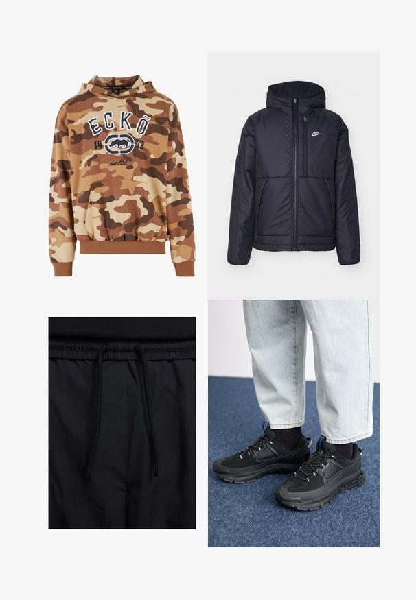 Čierna, polstrovaná bunda Nike so zipsom vpredu a kapucňou. Na ľavej strane hrude sa nachádza biele logo a sú tu dva predné vrecká. Hladký vonkajší povrch.; Hnedý maskáčový mikina s predným vreckom, elastickými manžetami a lemom. Obsahuje biele grafické písmená "ECKŌ 1972" a dizajn loga. Mäkkučký textilný povrch.; Čierne šortky s pásom na stiahnutie, z ľahkej látky s hladkou textúrou a jednoduchým dizajnom bez viditeľných log alebo vzorov.; Čierne športové topánky s textúrovanou tkaninou a gumovou podrážkou, so elastickými šnúrkami a modrým akcentom na päte. Nosia sa s svetlými riflami.