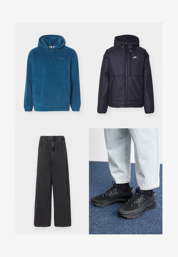 Casaco Nike preto, acolchoado, com fecho à frente e capuz. Apresenta um logo branco no lado esquerdo do peito e dois bolsos frontais. Textura exterior lisa.; Fleece azul com capuz ajustável, bolso tipo canguru e punhos elásticos. Apresenta um logo discreto no peito.; Calças de ganga pretas de perna larga e cintura alta, com fecho frontal de botão e zipper, apresentando bolsos laterais e uma textura suave.; Sapatilhas desportivas pretas com tecido texturizado e solas em borracha, apresentando atacadores elásticos e um detalhe azul no calcanhar. Usadas com calças de ganga claras.
