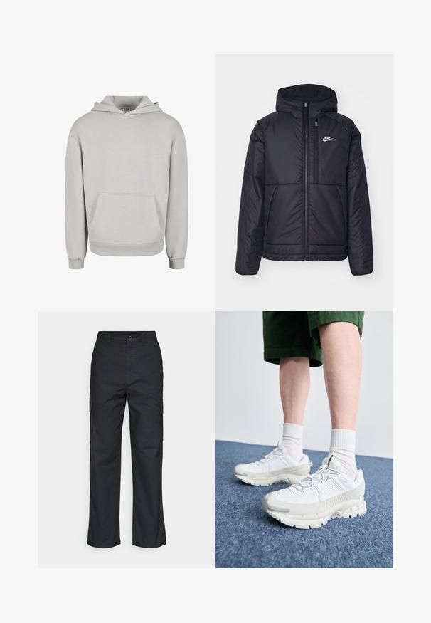 Must musta Nike jope, millel on ees lukuga avamine ja kapuuts. Vasakpoolne rind on kaunistatud valge logoga ning ees on kaks taskut. Sile välimine tekstuur.; Helehallist pehmest kangast kapuutsiga dressipluus, millel on ees tasku, nööriga kapuuts ning soonikkoes varrukad ja allserv. Klassikaline pealelükkamise disain.; Mustad cargo püksid sirge säärega disainiga, küljetaskud ja tekstuuriga kangas. Nööp sulgemisega vöökoht, et tagada kindel istuvus.; Valged sportsijalatsid tekstuursete pealsete, kopsaka tallaga ja hallide aktsentidega. Kanda valgete lühikeste sokkidega ja roheliste lühikeste pükstega sinisel pinnal.
