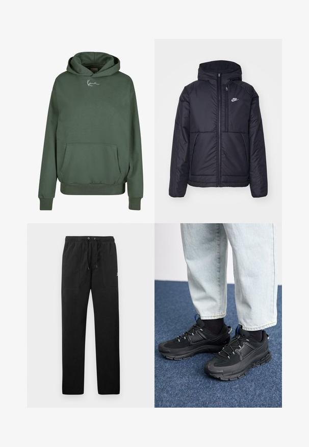 Crna Nike jakna s podstavom, dugmadi sprijeda i kapuljačom. Ima bijeli logotip na lijevoj strani prsnog koša i dva prednja džepa. Glatka vanjska tekstura.; Zelena dukserica s kapuljačom od mekanog materijala, s prednjim džepom, rebrastim rukavima i bijelim logotipom na prsima.; Crne trenirke od flisa, s elastičnim pojasom i vezicama, dva prednja džepa i mali logo na butini.; Crne atletske cipele s teksturiranom tkaninom i gumene potplate, s elastičnim vezicama i plavim akcentom na peti. Nosene su s svijetlim trapericama.